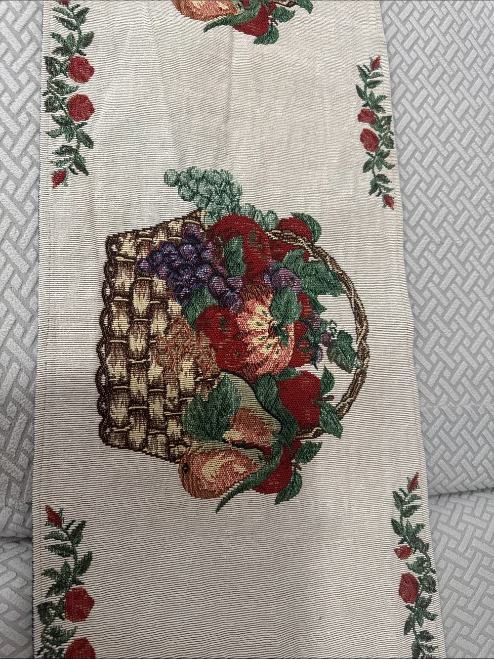 Vintage Tapestry Fruit Basket Embroidered Table Runner and 2 Placemats 70” Long
